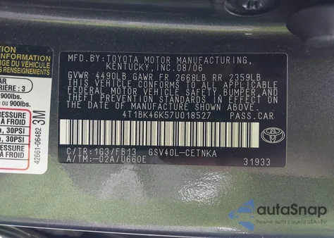 2007 Toyota Camry Le V6 from USA, damaged, VIN 4T1BK46K57U018527